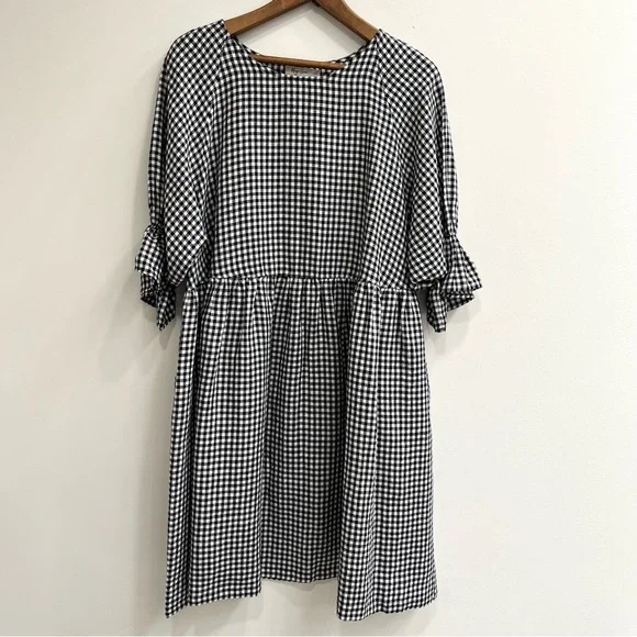 Magic Linen Voluminous Linen Ruffle Sleeve Babydoll Dress Black White Gingham - Picture 5 of 14